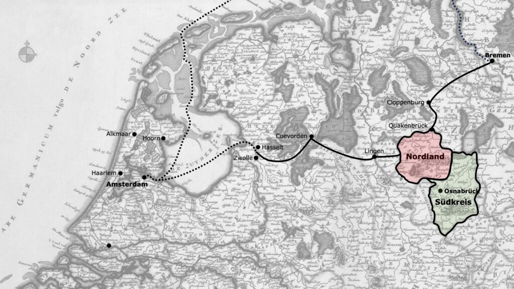 A map with the common route from Osnabrücker Nordland to Holland.